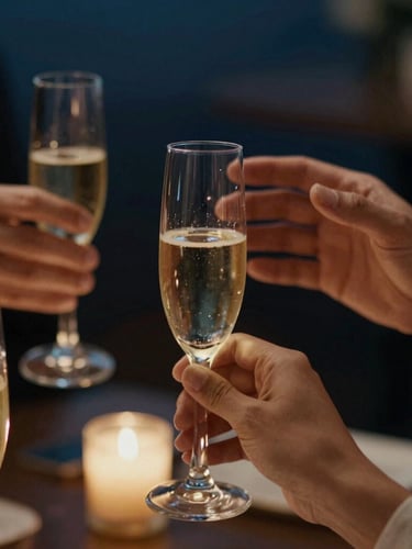 Close-up of hands gesturing in conversation over champagne glasses, warm low-key light, shallow depth of field, 35mm