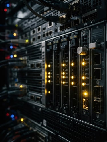Sleek dark-mode macro shot of a physical server rack with glowing gold indicator lights, high-contrast tech-noir aesthetic, premium editorial, 35mm