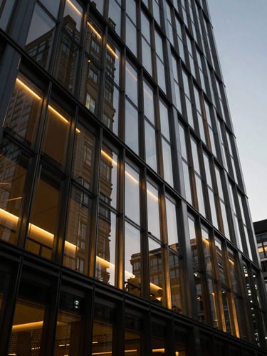 Low-key dramatic architectural perspective of a modern glass financial terminal at dusk, warm golden highlights reflecting off sharp geometric lines, 35mm