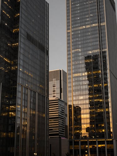 Wide structured architectural perspective of a modern financial hub at dusk, sharp golden lighting illuminating monolithic glass lines, tech-noir aesthetic
