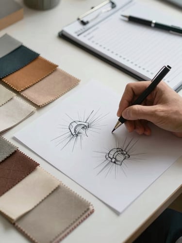 Overhead view of a planning desk with fabric swatches, hand-drawn sketches, and a clean order ledger, diffused natural light.