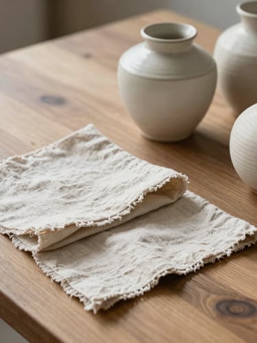 Soft diffused daylight falling on textured linen swatches and handmade ceramic vessels on a warm ash wooden table, editorial portrait composition, gentle shadows.