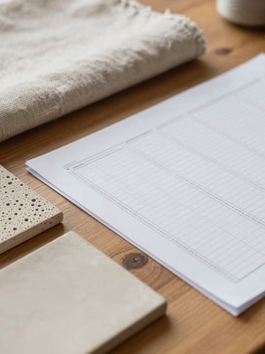 Tactile close-up of linen textiles, textured ceramic samples, and neatly organized order sheets on a warm ash wooden table, diffused natural daylight.