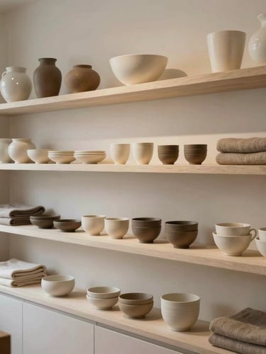 A minimalist boutique interior with clean shelves displaying curated ceramic wares and soft textiles under warm diffused light.
