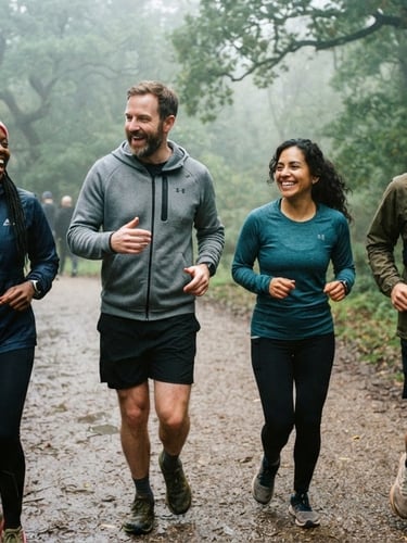 Candid 35mm film shot of diverse adult runners laughing together in a misty green Sutton park, overcast London morning light, natural and authentic