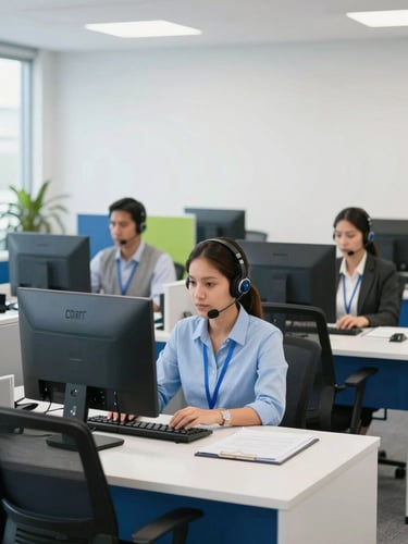 Bright daylight logistics office in Mexico, organized desks, professional customer service team, clean corporate blue tones, 35mm lens
