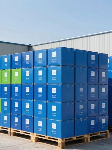 Bright commercial photography of a modern organized logistics warehouse in Mexico, neatly stacked master boxes, daylight, clean corporate blue tones, sharp focus, 35mm lens