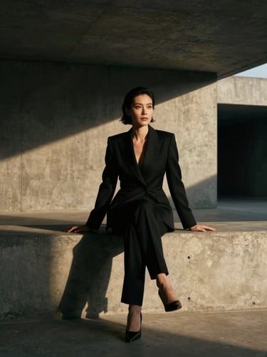 Cinematic editorial portrait of a female executive in a sharp black blazer, sitting in a minimalist architectural concrete space, dramatic low-key lighting with deep shadows, 35mm.