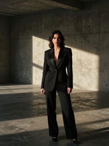 Cinematic environmental portrait of Dulce Gomez in a tailored black blazer, standing off-center in a brutalist concrete gallery space, dramatic high-contrast chiaroscuro side lighting, deep shadows, 35mm.