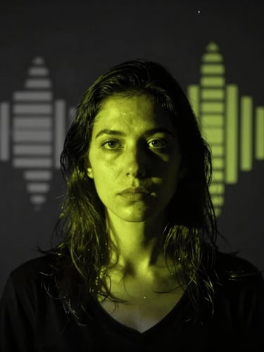 Moody experimental portrait of a female sound artist in a dark charcoal studio, high-contrast acid lime gel lighting casting dramatic shadows, abstract acoustic resonance patterns in the background, macro lens.