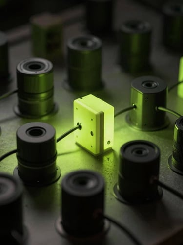 Abstract installation of sound transducers and macro cables, dark charcoal tones, dramatic chiaroscuro lighting with sharp acid lime green highlights, high-contrast, moody experimental photography.