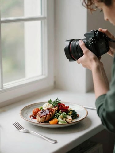 Candid behind-the-scenes shot of a food photographer holding a camera, styling a rustic plate of food near a bright window, soft shadows, 35mm editorial