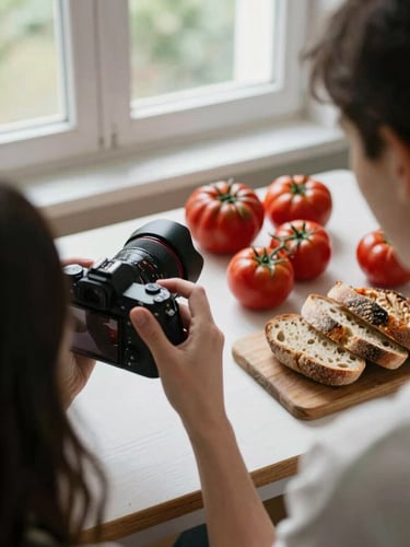 A warm, candid over-the-shoulder shot of a photographer adjusting a camera lens over an overhead table spread of fresh heirloom tomatoes and sourdough bread, soft natural window light, 35mm.
