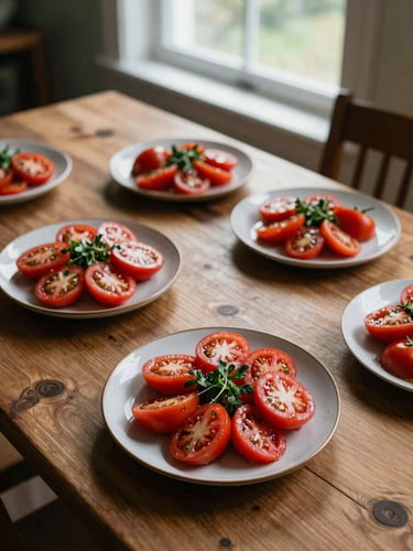 Overhead editorial shot of a rustic wooden dining table with plates of fresh heirloom tomato salad, warm natural window light, deep crimson tones, 35mm photography