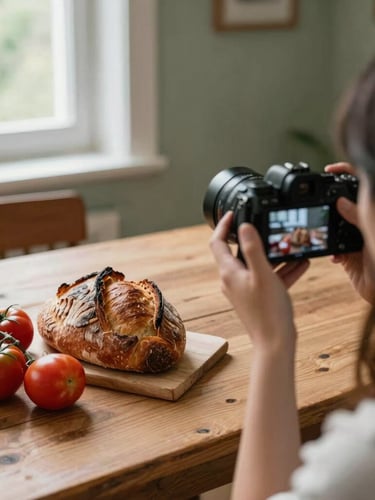 Over-the-shoulder shot of a photographer holding a camera, framing a rustic wooden table spread with fresh sourdough and heirloom tomatoes, natural window light, 35mm