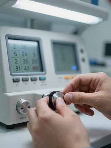 Extreme close-up of a biomedical calibration instrument display panel, precise digital readout numbers in sharp focus, technician fingers adjusting a calibration dial in the foreground, bright clinical fluorescent light, clean white workbench surface visible at lower edge