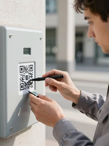 Close-up of a technical worker in a clean Swiss municipal environment scanning a QR code on a public asset, bright natural daylight, crisp neutral tones, 35mm