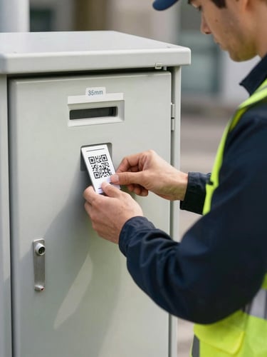 Close-up of a Swiss municipal worker in a high-visibility vest scanning a QR code on a public utility box, bright natural daylight, crisp neutral tones, 35mm
