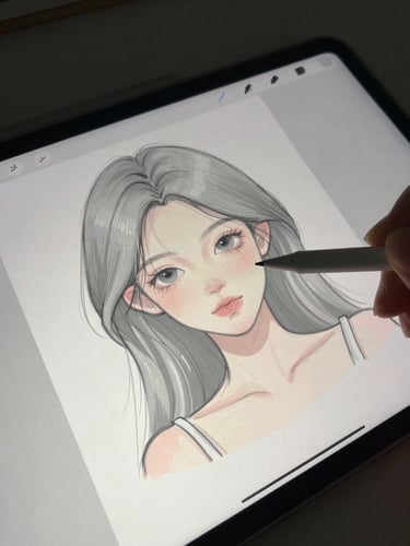 Close-up of a digital tablet screen showing a character sketch in progress, stylus resting on the glass, soft ambient room lighting, cool slate gray tones.