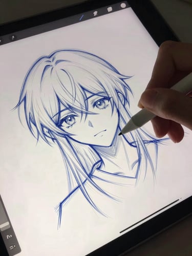 Close-up of a digital drawing tablet screen with messy blue sketch lines of an anime character, soft room lighting, hands holding a stylus