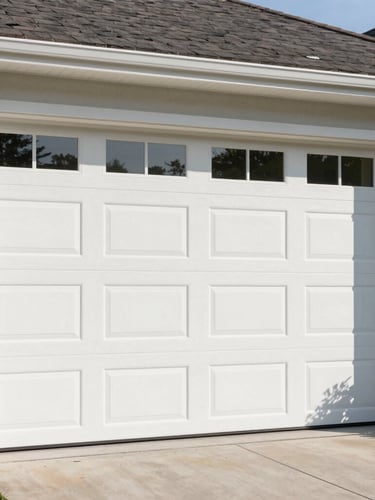 A clean, modern white garage door newly installed on a suburban home. Bright daylight highlights the crisp panels and high-quality steel hardware.
