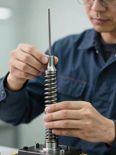 Close-up of a certified technician in a clean navy uniform adjusting a heavy-duty steel torsion spring with professional tools, bright natural daylight.