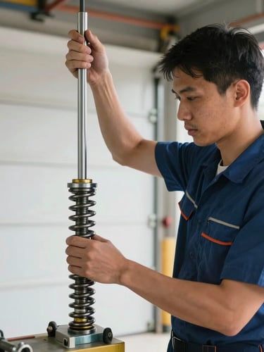 A clean-uniformed garage door technician carefully adjusting a heavy-duty steel torsion spring with professional tools, bright natural daylight, medium shot.