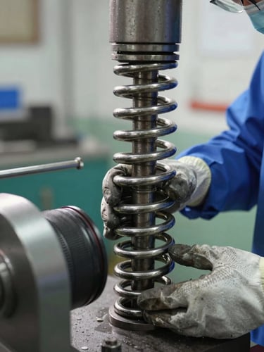 A close-up of a heavy-duty steel torsion spring being safely wound by a technician wearing protective gloves and a clean blue uniform, bright daylight.