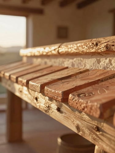 Close-up of rustic handmade terracotta tiles and raw wooden beams in a sunlit room, soft focus, warm golden hour light.