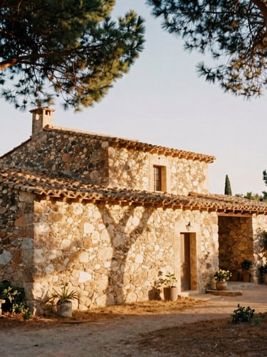 Warm editorial photograph of sun-dappled stone walls of the Catalan finca, soft golden light filtering through pine trees, 35mm film feel, wide angle.