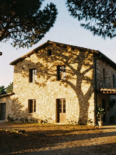 Dappled sunlight filtering through pine trees onto the ancient stone facade of a Catalan country house, warm golden hour light, 35mm film style.