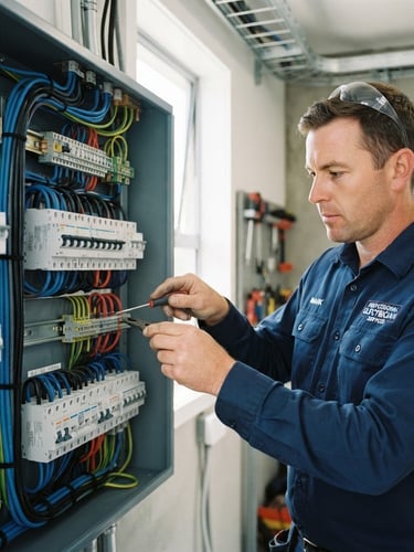 Medium close-up of a professional electrician in a neat blue uniform working on a clean modern switchboard, bright natural daylight, crisp details, high-contrast blue and slate tones, sharp focus, 35mm
