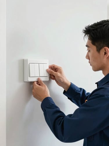 Clean commercial photography of a professional electrician in a neat navy uniform installing a modern smart switchboard in a bright Sydney home, crisp details, high-contrast blue and slate tones, 35mm