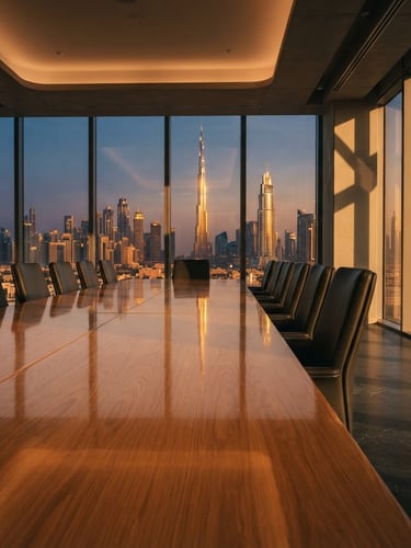 Low-angle warm editorial photograph of an empty, ultra-premium high-rise boardroom in Dubai, sharp architectural shadows, golden hour light reflecting off a polished oak table, minimalist layout, 35mm.