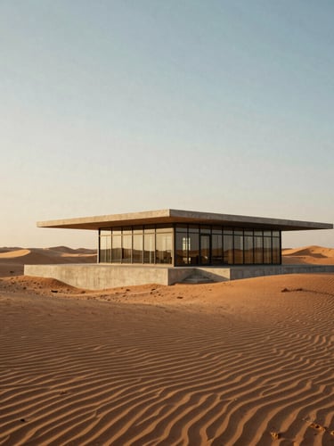 A wide architectural shot of a sleek concrete and glass pavilion nestled in the rolling dunes of the Dubai desert, low-angle golden-hour light casting long shadows, 35mm