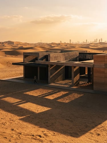 Warm editorial photograph of a minimalist architectural pavilion in the Dubai desert at golden hour, deep sand tones, sharp geometric shadows, 35mm