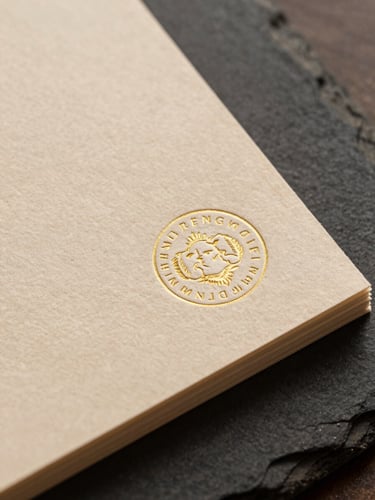 Macro detail photograph of premium heavy-weight cotton stationery with a subtle gold-embossed seal, resting on a dark textured slate surface, warm ambient side light, sharp focus.