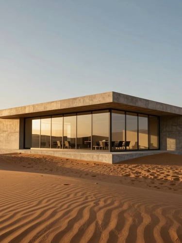 Low-angle architectural shot of a minimalist concrete and glass boardroom nestled in quiet desert dunes, golden hour light, high-contrast shadows.