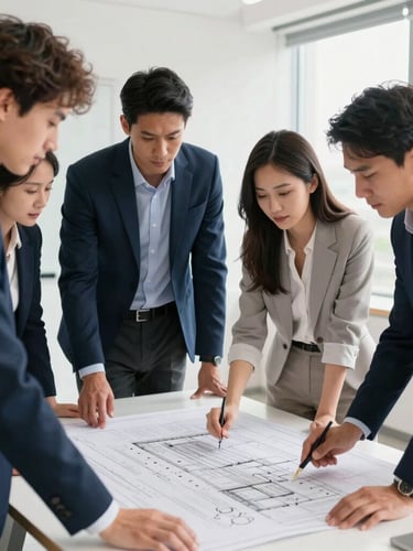 Crisp editorial photo of a diverse team of skilled professionals collaborating in a bright, clean, modern office environment, planning blueprints on a table, professional navy tones, bright natural daylight.