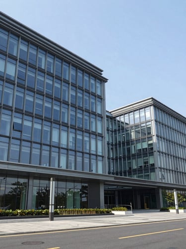 Wide environmental shot of a modern glass government facility under clear daylight, sharp architectural lines, professional composition