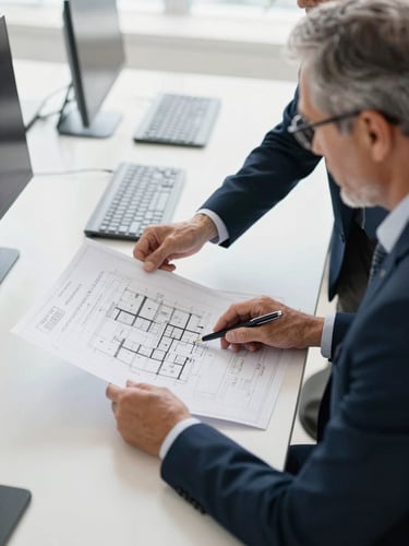 Professional corporate office setting, a senior executive reviewing architectural blueprints and compliance documents on a clean desk, bright natural daylight, navy accents.