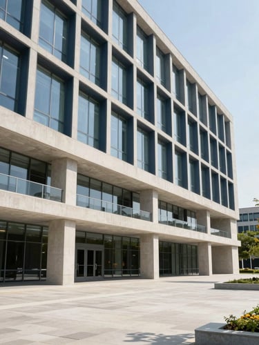 Crisp editorial photography of a modern government building exterior with clean geometric lines, bright natural daylight, structured concrete and glass architecture, wide environmental shot.