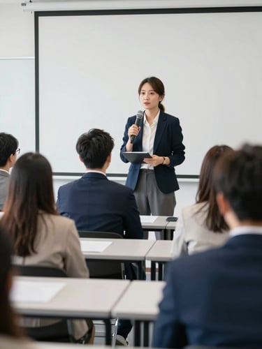Crisp editorial photo of a professional training seminar, a clean structured classroom setting with a focused instructor and engaged adult professionals, soft natural lighting.