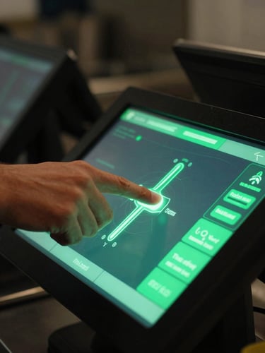 Tight macro shot of a hand interacting with a glowing touchscreen POS interface inside a busy restaurant kitchen, moody low-key lighting, sharp neon green interface details, high contrast, 35mm lens