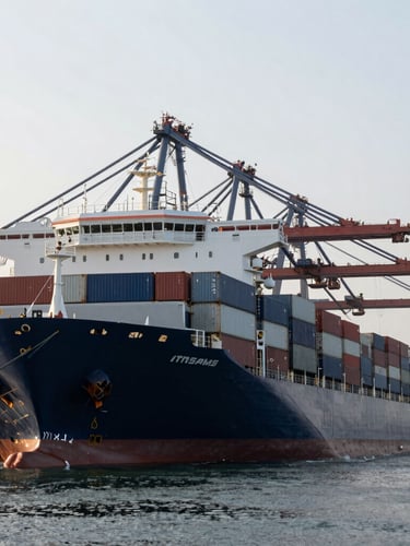 Wide-angle editorial corporate photo of a deep-sea container vessel docked at a modern automated port during sharp morning daylight, cool gray and deep navy tones.