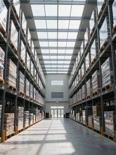 A modern automated warehouse interior with high-contrast architectural daylight streaming through skylights, highlighting organized cargo.