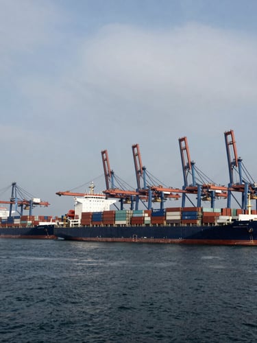 Wide-angle environmental shot of deep-sea container vessels docking at a modern automated port under sharp overcast morning light, deep navy water.