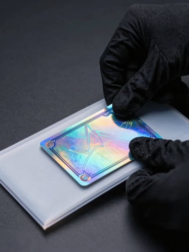 Hands wearing black cotton gloves carefully sliding a rare holographic card into a tight protective sleeve on a clean dark surface, dramatic cyan side-light