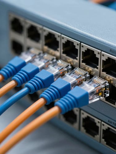 Macro photography of structured blue and orange ethernet cables plugged into a high-density enterprise network switch, cool laboratory lighting, shallow depth of field.