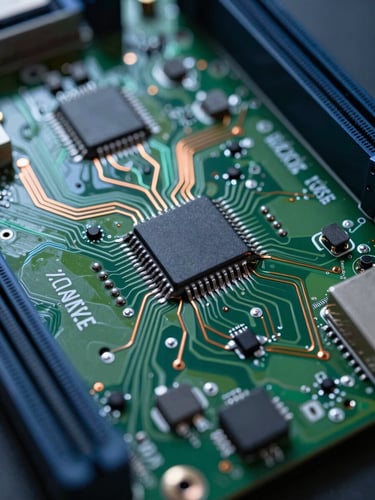 Extreme macro shot of a green motherboard under cool laboratory light, focusing on copper traces and soldered micro-components, technical blueprint style.